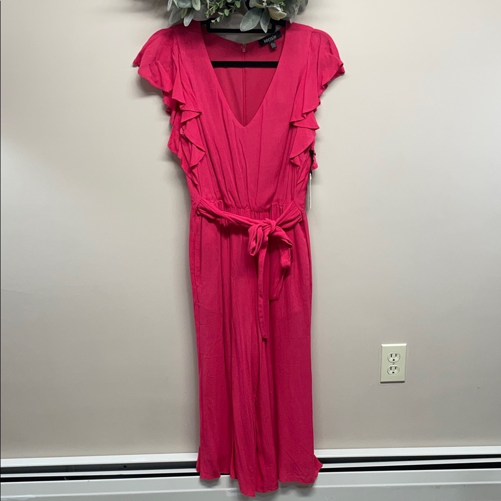 NWT Kensie Flutter Cap Sleeve Wide Leg Crop Jumpsuit Tie Waist Azalea Pink 4